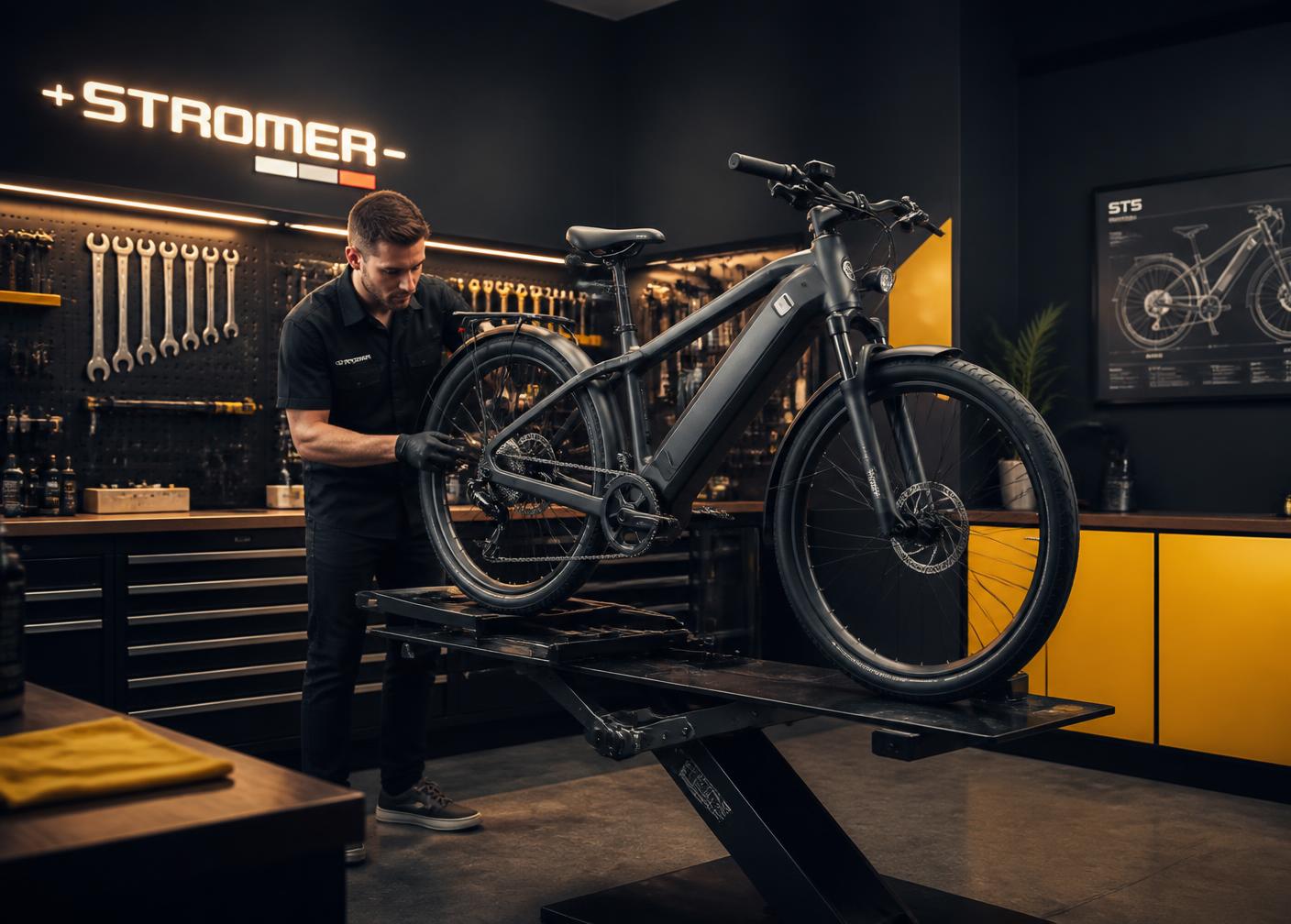 Técnico Eletricz realizando manutenção em bicicleta elétrica na oficina especializada